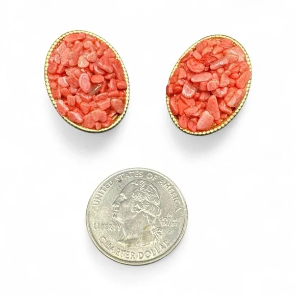 Vintage Art Deco Gold Plated Coral Clip Earrings 1.25” - Picture 3 of 4